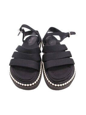 Chanel Footbed Sandals Shoes Grosgrain CC Logo Costume Pearl 36